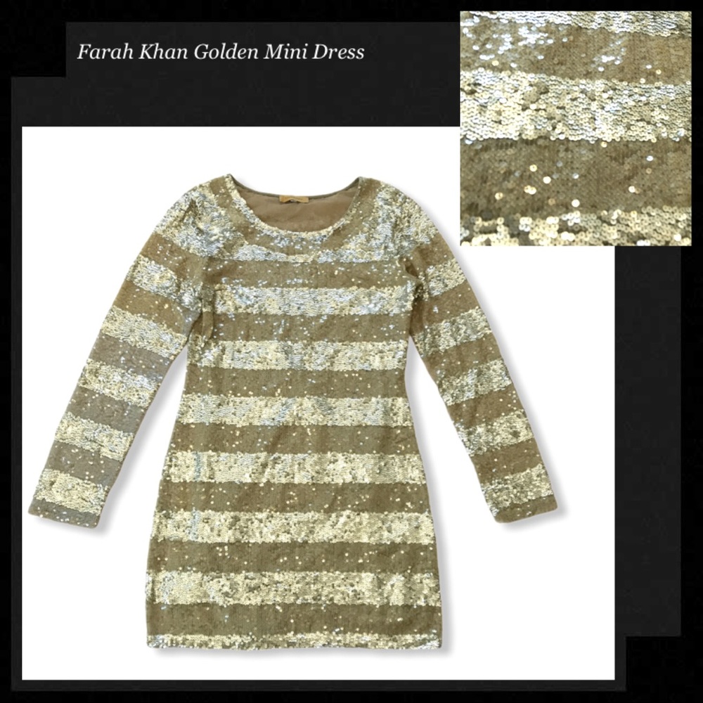 FARAH KHAN Golden Sequin Striped Mini Dress